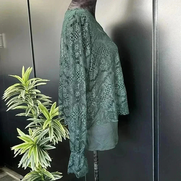 Pointelle Lace Overlay, scoop neck, lined, ruffle cuffs,top - Picture 6 of 12